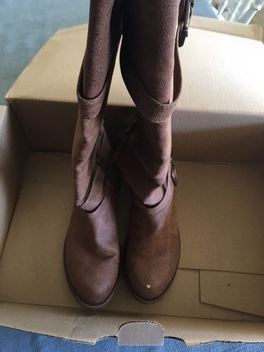 Womens Just Fab Calf Tall Riding Boots Low Heel Brown Buckle sz 8.5 - Picture 4 of 12