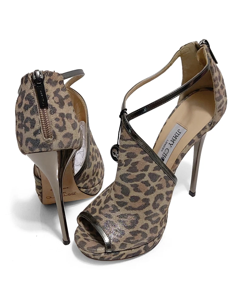 Sandalias de tacón Jimmy Choo Fey Peep-Toe estampado de leopardo gamuza talla 38 UE para mujer 0269 Foto 4 de 4