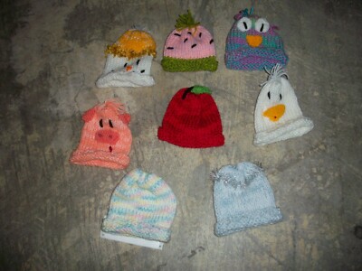 ,BABY GIRLS LOT OF  8:  HAND KNIT CHARACTER HATS...SIZE NB - 18 MO   NEW !!!