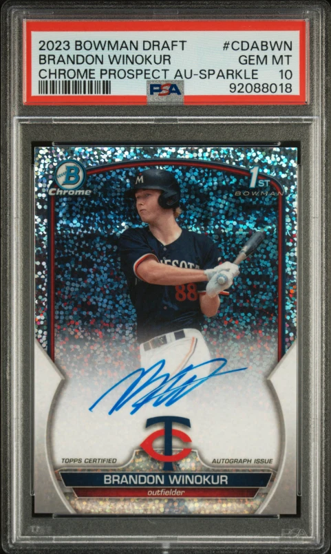 Deal for Brandon Winokur 2023 Bowman Draft Chrome Sparkle Refractor RC Auto /71 PSA 10