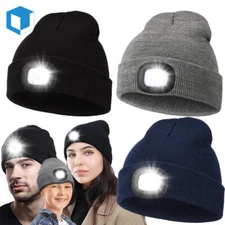 Adults Kids LED Beanie Hat w/Light USB Rechargeable Headlamp Warm Knitted Cap