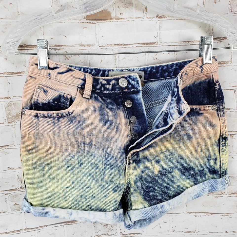 Topshop Moto Size 25 Ombre Dip Tie Dye Denim Jean Shorts High Waisted Button Fly - Image 4 of 4