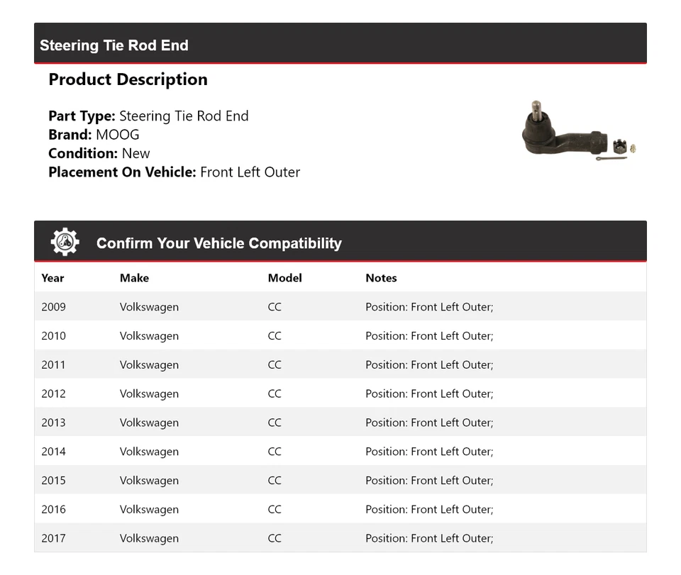 Para Volkswagen CC 2009-2017 extremo de barra de dirección delantera izquierda exterior MOOG 2009 2010 Foto 2 de 4