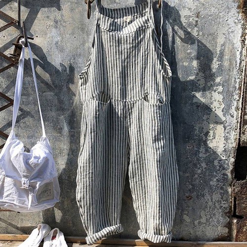 Women Striped Dungarees Jumpsuit Playsuit Casual Overalls Baggy Romper Pants Us - Picture 3 of 19