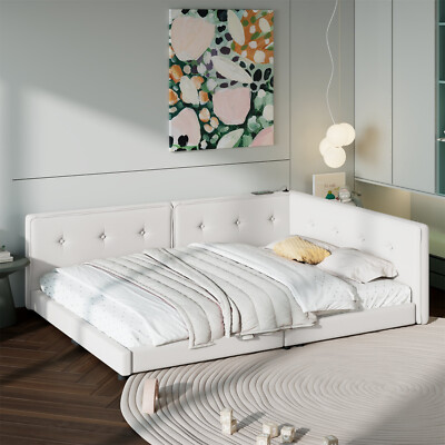 Full/Queen Size Bed Frame Upholstered Platform Bed w/ USB Ports Beige/Blue US