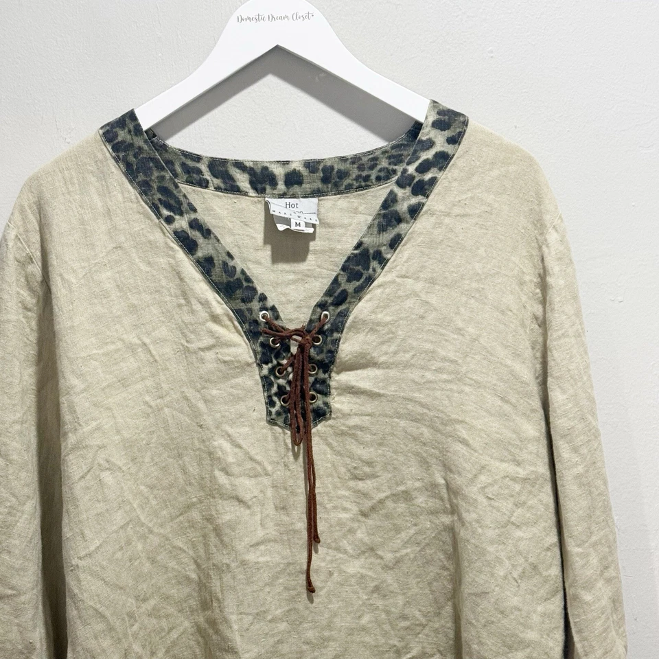 LO ÚLTIMO ALGODÓN Para mujeres Beige Cuello en V Túnica con Cordones Top Estampado Animal Borde EE. UU. Talla M Foto 2 de 4