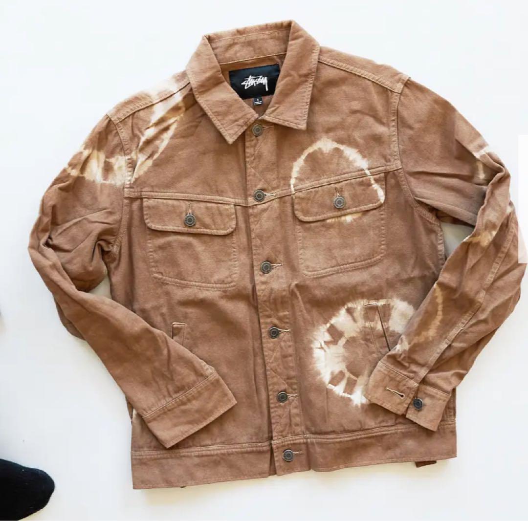 Stussy 22SS Tie-Dye Denim Tracker Jacket Tan Cotton New Condition 