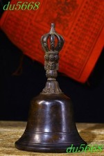 7.2"Ancient Tibet temple bronze Tara Buddha head statue Bell Chung chimes clock