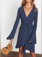 Faithfull The Brand Goldstein Mini Wrap Dress Sz 2 Blue Floral 