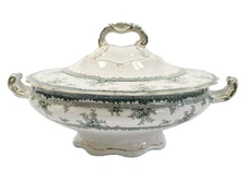 John Maddock Hamilton Green Transferware Round Covered Vegetable Serving Bowl