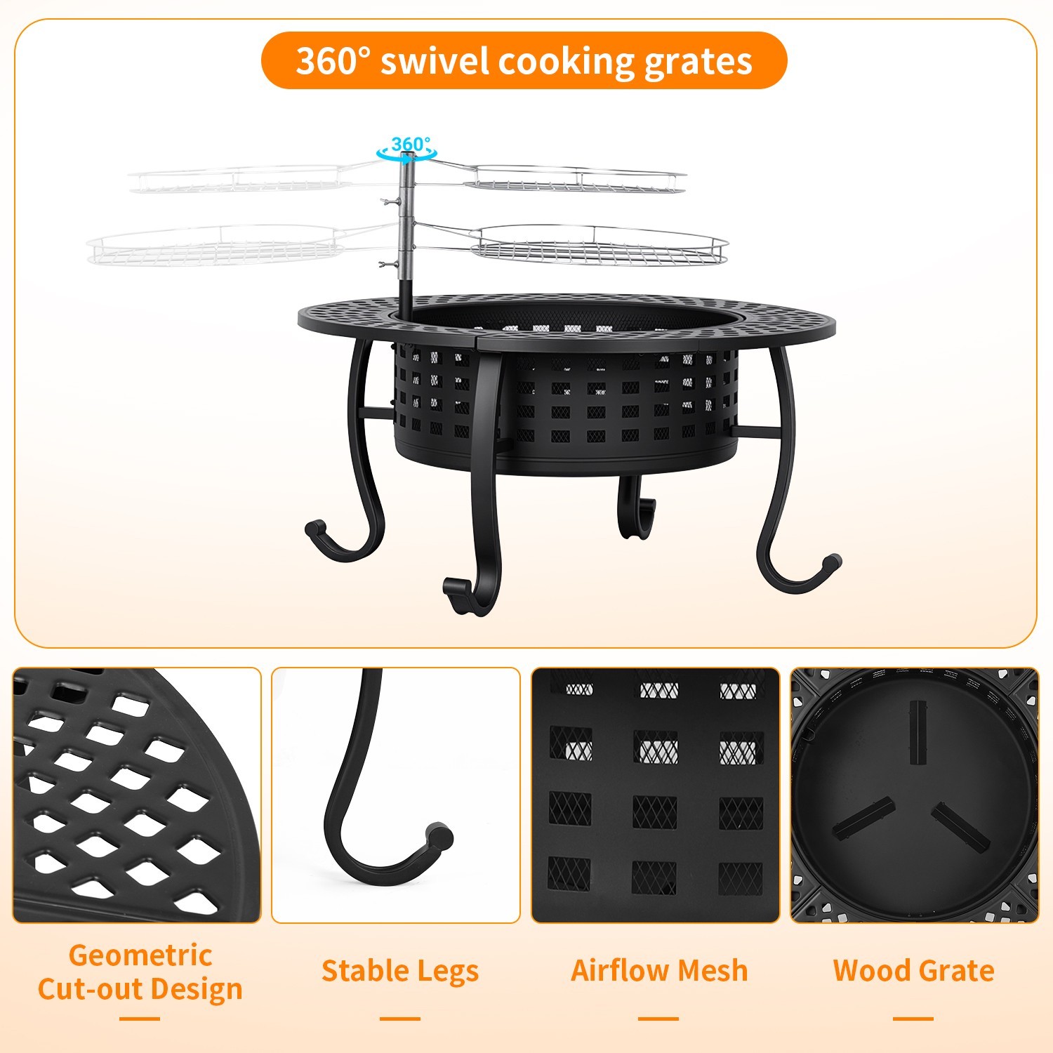 36 Inch Fire Pit with 2 Adjustable Grills, Wood Burning Outdoor Fire Pit w/ Lid