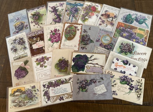 Nice~Lot of 25 Greetings Postcards with Purple Violets Flowers~in Sleeves~p727