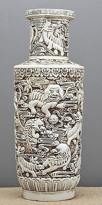 Antique WhitChinese Porcelain Bottle Vase. Hand Carved Foo Dog Design-26.25''H