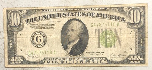 1928-B $10.00 With Gold Clause Chicago District Light Green Seal - Picture 8 of 9