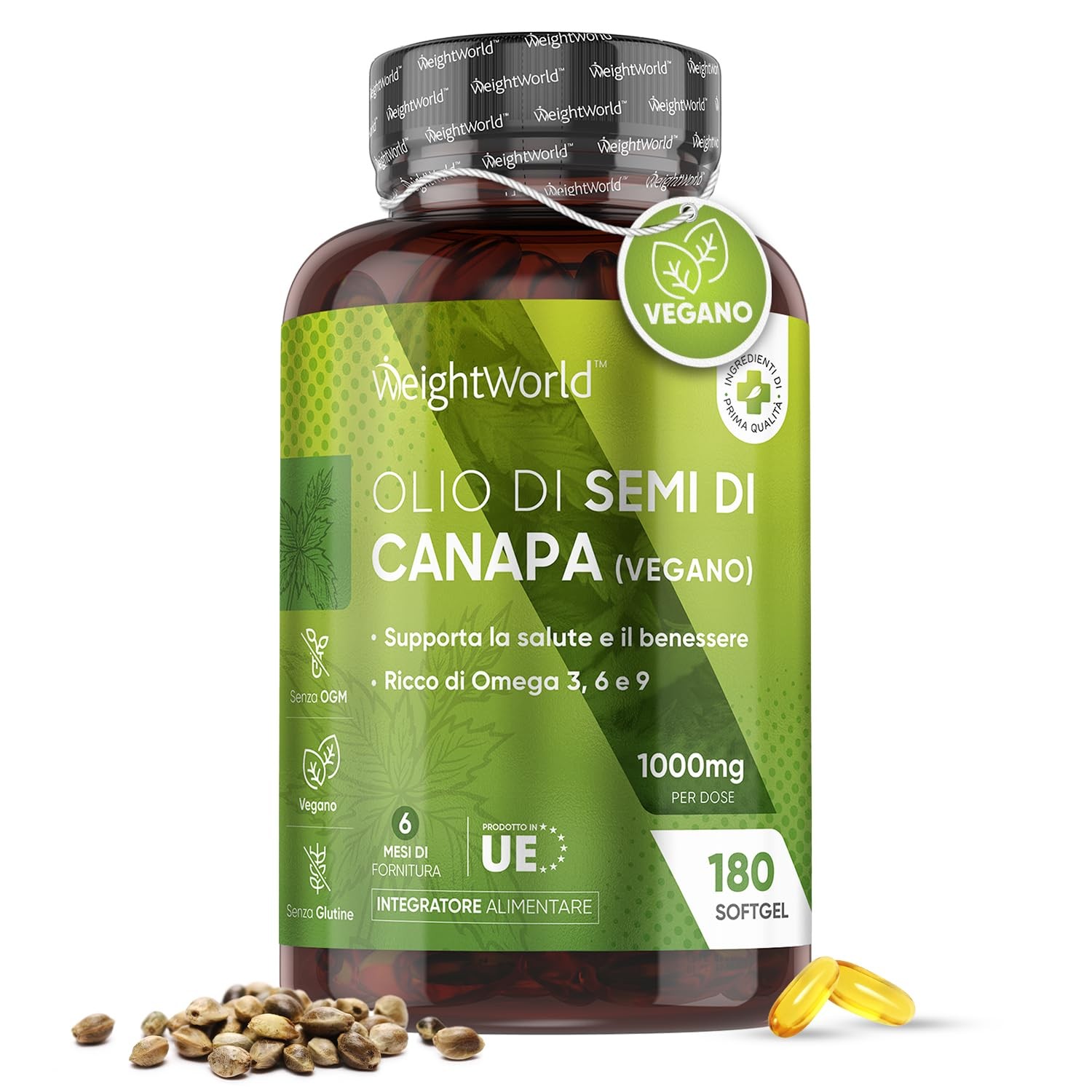 Olio di Canapa 1000mg 180 Softgel - Formato Famiglia 6 Mesi di Salute