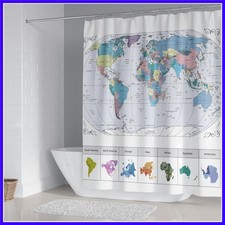 World Map Shower Curtain with Major Cities, Funny Kids Education Bathroom Set...