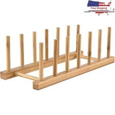 Bamboo Plate Rack Storage Compact Organizer Kitchen Countertop Books Tablets New