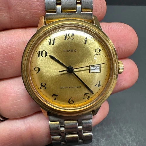 Working Vintage Men's 1970's Timex 35mm - Gold Tone Manual Date Time Wind Rare