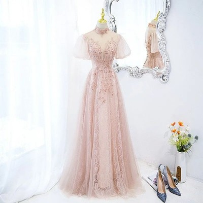 Luxury Pink Deep V Neck Evening Dresses Graceful Short Sleeves Prom Dresses