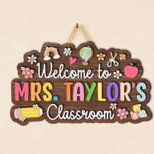 Personalized Custom Teacher Door Classroom Welcome Wooden Sign with Rope