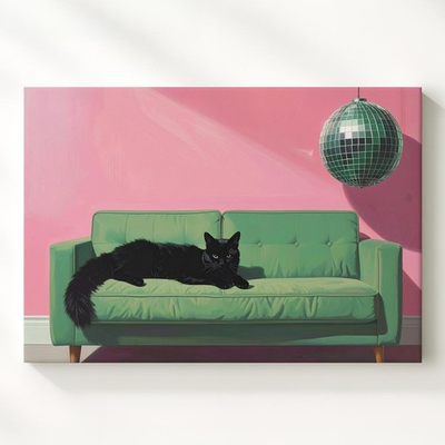 #ad Disco Cat On Green Couch Canvasplayful Retro Minimalist Wall Art $119.90