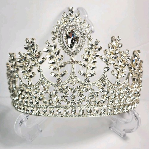 Silver Rhinestone Tiara Crown Headband with Teardrop Crystal Center