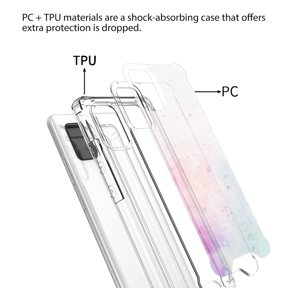 For Samsung Galaxy A51 5G Case Clear TPU Glitter Hard PC Back+Tempered Glass - Image 4 of 4