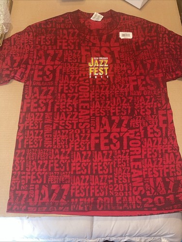 New Orleans Jazz Fest 2011 All Over Print Red T Shirt Large Crawfish Piano Large - Foto 2 di 9