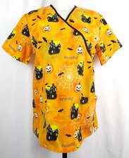 SB Scrubs Orange  Black Halloween Haunted House Jack-o-Lantern Bats Scrub Top S