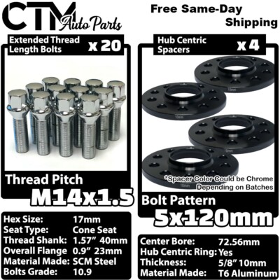 4x 10mm Thick 5x120 72.56mm C.B Wheel Spacer Chrome Bolt 14x1.5 BMW X3 X5 & More