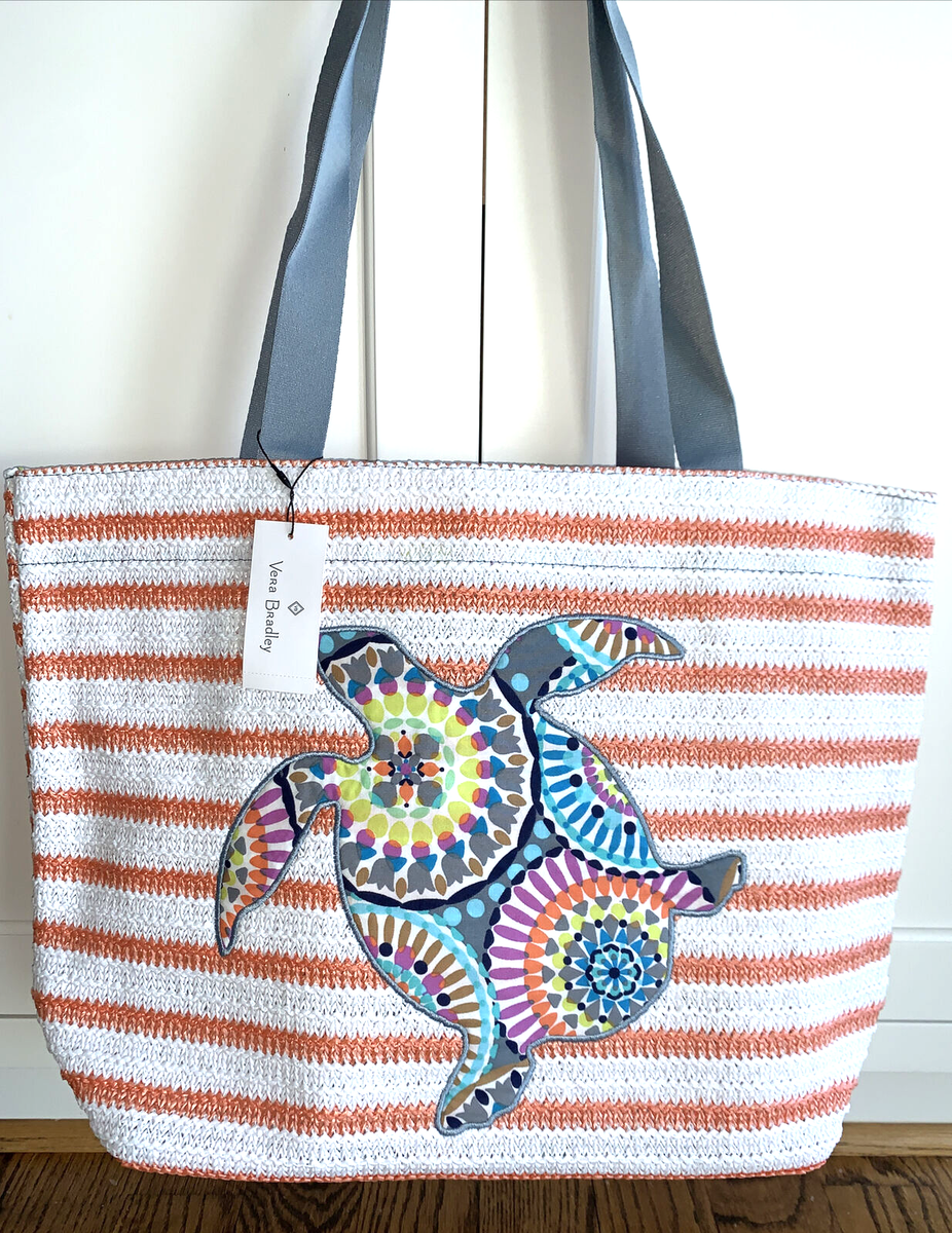 Vera Bradley Sunny Medallion Turtle Orange Stripe Straw Tote Beach