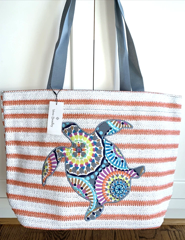 Vera Bradley Sunny Medallion Turtle  Orange Stripe Straw Tote Beach Bag New