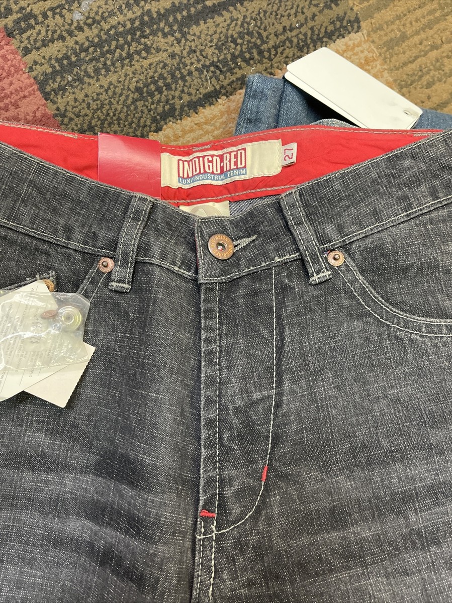 INDIGO RED Lux Industrial Denim Button Fly Acid Wash Jeans Unisex