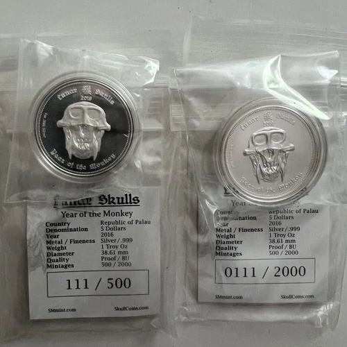 2016 Lunar Skulls Year of the Monkey / 1oz Silver Proof & MS set both #111