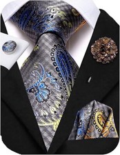 Hi-Tie Blue Gold Gray Tie and Flower Lapel Pin Set Silk Paisley Men's Ties Po...