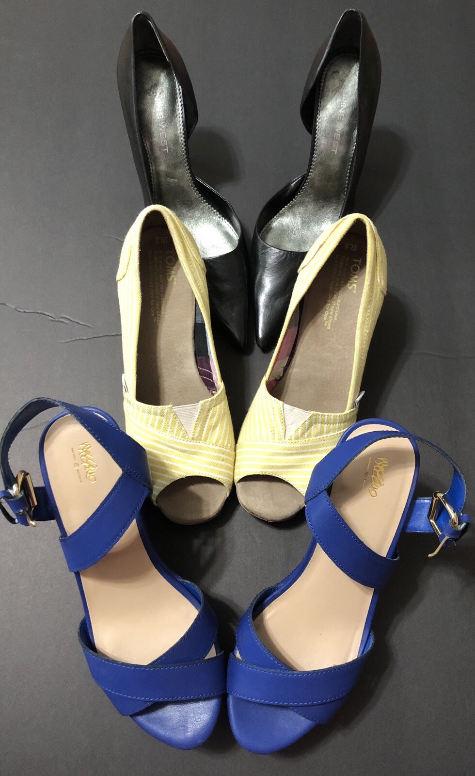 LOTTO LOT 3 PAIRS OF Women's Pumps sandals Heels Open Toe Size 6 TOMS Nine West Yellow