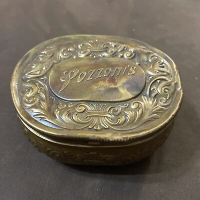 Antique Pozzonis Embossed Brass Powder Tin c.1910 Hinged Lid Trinket Dresser Box