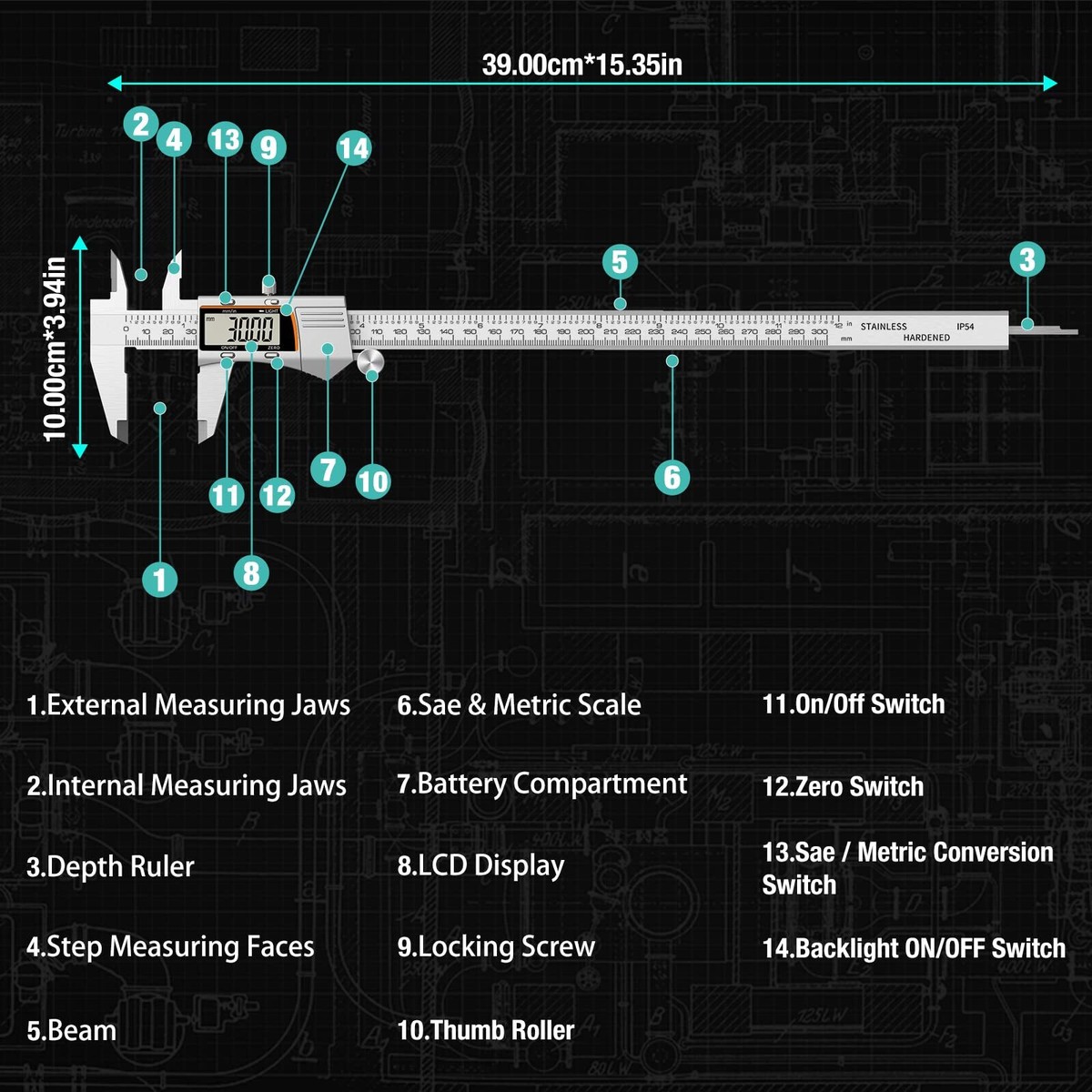 Deburring Tool Digital Caliper 12 Inch With Large LCD Screen, Inch