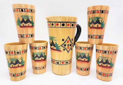 Mid Century Barware Pitcher Glasses Italian FIMA Deruta Art Pottery Italy 1196