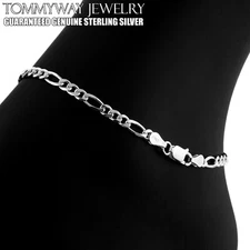 Guaranteed Real Sterling Silver 9" 10" 11" 12" Figaro Anklet Anklet Bracelet 4mm