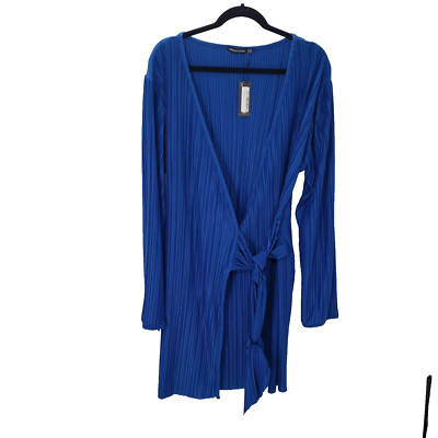 Pretty Little Thing 16 Blue Plisse Wrap Bodycon Dress Womens Long Sleeve Pleated
