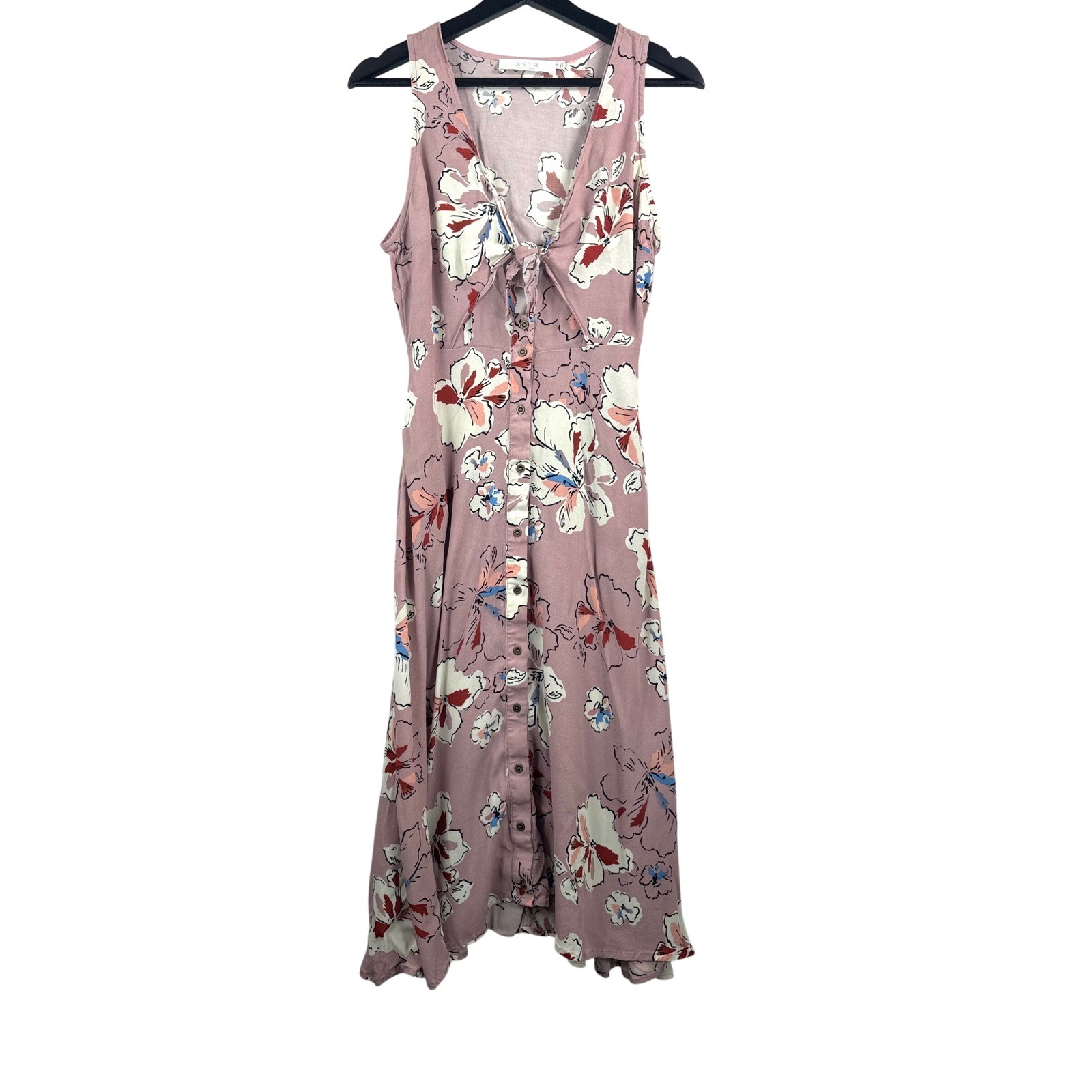 ASTR The Label Midi Dress sz M Pink Floral Tie Front Cutout Back tropical