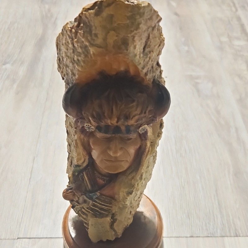 Brave Buffalo Native American Figurine Resin Sculpture with Wooden Base