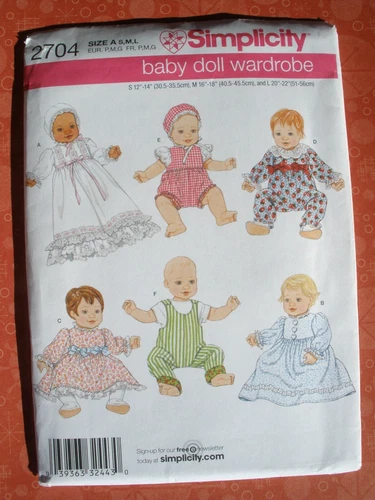 Simplicity Sewing Pattern 2704 Baby Doll Wardrobe 3 Sizes: S-M-L 12"-22"Uncut