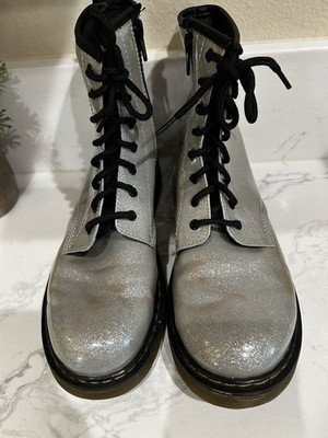 Doc Dr. Martens Silver Glitter Sparkle Zipper Boots 1460Y Woman Size 6  vegan