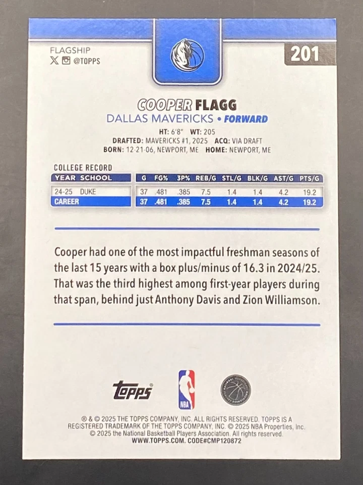 2025-26 Topps Cooper Flagg Rookie #201 Foil Pattern Logo Dallas Mavericks RC - Image 3 of 4