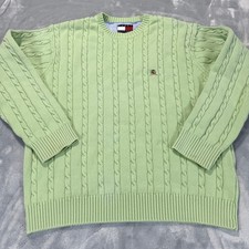 Tommy Hilfiger Mens L Green Cable Knit Cotton Crewneck Sweater Pullover Logo