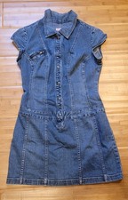 Y2K Denim Shirt Dress Blue Collared Cotton Button Down Cargo Pockets Medium VTG
