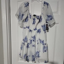 NWT J for Justify White Mini Dress blue floral pattern Ruffle lace sleeve XL