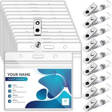 10 Sets Badge Holders and Metal Clips Clear Horizontal Name Tag ID Card Holder